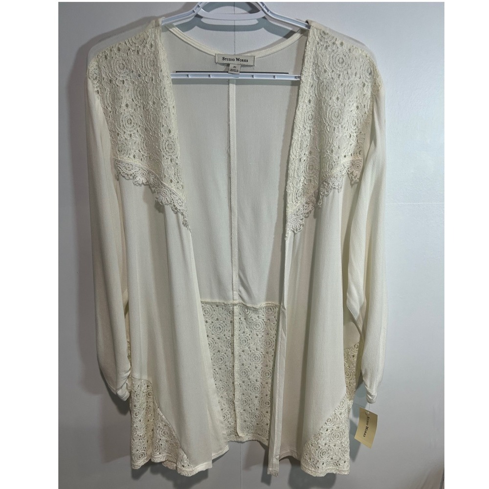 White Open Front Cardigan Women XL Lace Trim Boho Layering